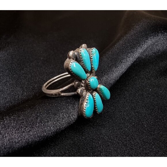 Vintage Zuni Bill & Lou Native American Sterling Silver & Turquoise Cluster Ring - Picture 2 of 5
